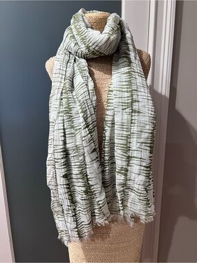 SEE Lightweight Striped Fringe Scarf in Pale Green and White